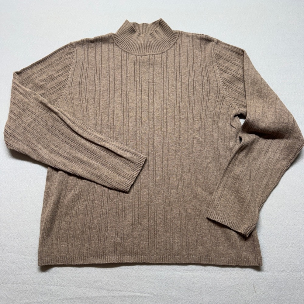 Talbots Brown Ribbed Mock Neck Sweater Womens Large 100% Cotton Long Sleeve